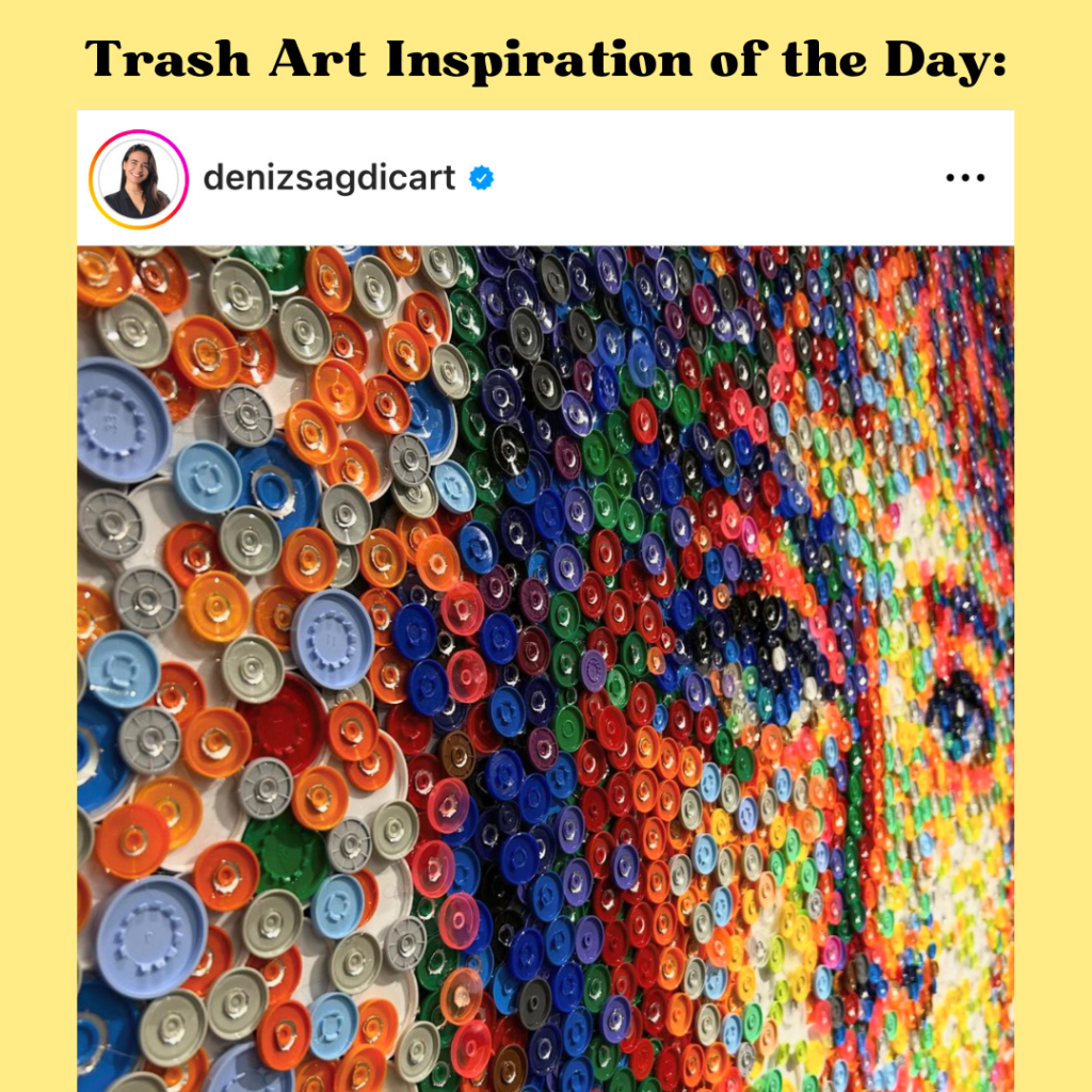 Trash Art Inspiration of the Day: Photo from instagram profile @denizsagdicart showing a vibrantly colored mosaic of medical waste bottle caps creating a portrait of a woman's face
